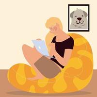 woman sitting on the bean chair working on laptop work at home vector