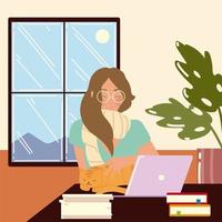 happy woman with laptop and cat in the room working vector