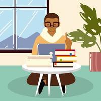 freelance man sitting on the floor and working on laptop work at home vector