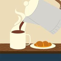 coffee shop kettle pouring on a cup with bread vector