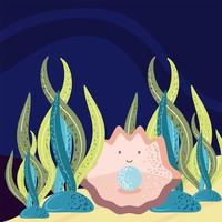 Concha de mar mundo submarino con perla redonda brillante vector