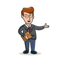 Business man With Smile Face holding document and raising hand vector