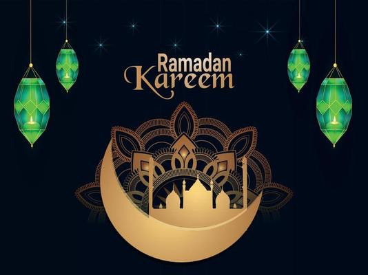 Ramadan kareem islamic festival background with gold moon and mosque and lantern