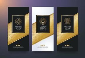 Vector set packaging templates black golden labels and frames for luxury products in trendy linear style