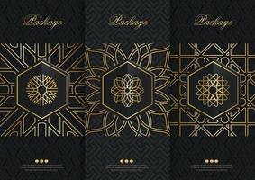 Vector set packaging templates black golden labels and frames for luxury products in trendy linear style