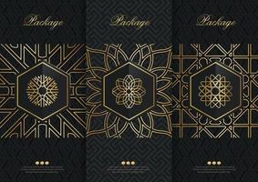 Vector set packaging templates black golden labels and frames for luxury products in trendy linear style