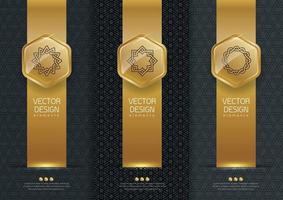 Vector set packaging templates black golden labels and frames for luxury products in trendy linear style