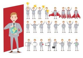 Set of cartoon characters of a businessman in smart suit on white background in various poses vector