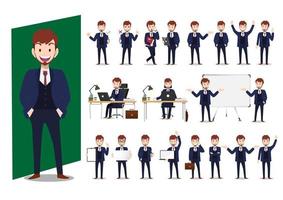 Set of cartoon characters of a businessman in smart suit on white background in various poses vector