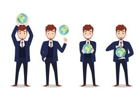 Businessman cartoon character and save the world or concept with set of four poses vector