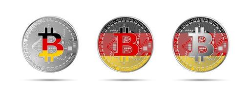 Three Bitcoin crypto coins with flag of Germany Money of the future Modern cryptocurrency vector illustration