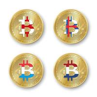 Four golden Bitcoin coins with flags of England Faroe Islands Luxembourg a Holland Vector cryptocurrency icons isolated on white background Blockchain technology symbol