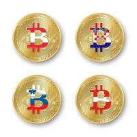 Four golden Bitcoin coins with flags of Austria Croatia Slovenia and Switzerland Vector cryptocurrency icons isolated on white background Blockchain technology symbol