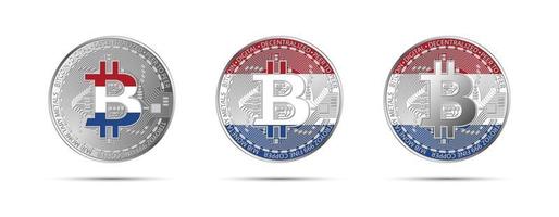 Three Bitcoin crypto coins with the flag of Holland Money of the future Modern cryptocurrency vector illustration