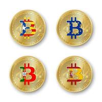 Four golden Bitcoin coins with flags of Catalonia European Union Portugal and Spain Vector cryptocurrency icons isolated on white background Blockchain technology symbol