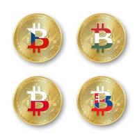 Four golden Bitcoin coins with flags of Czech Republic Hungary Poland and Slovakia Vector cryptocurrency icons isolated on white background Blockchain technology symbol