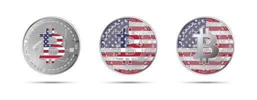 Three Bitcoin crypto coins with the flag of USA Money of the future Modern cryptocurrency vector illustration