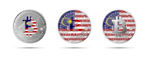 Three Bitcoin crypto coins with the flag of Malaysia Money of the future Modern cryptocurrency vector illustration