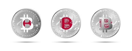 Three Bitcoin crypto coins with the flag of Japan Money of the future Modern cryptocurrency vector illustration