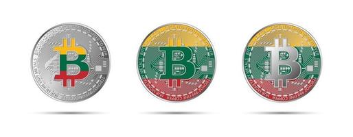 Three Bitcoin crypto coins with the flag of Lithuania Money of the future Modern cryptocurrency vector illustration