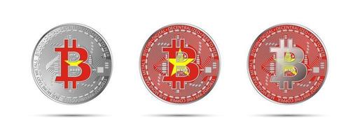 Three Bitcoin crypto coins with the flag of Vietnam Money of the future Modern cryptocurrency vector illustration