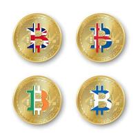 Four golden Bitcoin coins with flags of Britain Iceland Ireland and Scotland Vector cryptocurrency icons isolated on white background Blockchain technology symbol