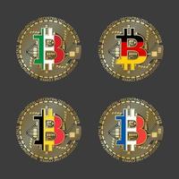 Four golden Bitcoin icons with flags of Italy Germany Belgium and France Vector cryptocurrency icons isolated on grey background Blockchain technology symbol