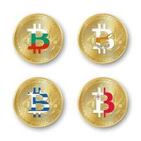 cuatro monedas de oro bitcoin con banderas de bulgaria, chipre, grecia y malta, vector, criptomoneda, iconos, aislado, blanco, plano de fondo, blockchain, tecnología, símbolo vector