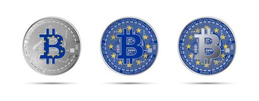 Three Bitcoin crypto coins with the flag of the European Union Money of the future Modern cryptocurrency vector illustration