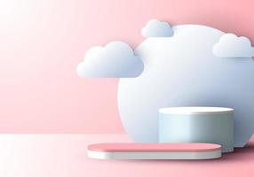 3D realistic abstract minimal scene empty podium display with cloud paper cut style on soft pink background vector