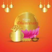 Happy dhanteras celebration background with realistic gold coin pot with lotus flower vector