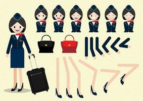 Cartoon character with beautiful air hostess of animate style and part of body flat icon vector illustration