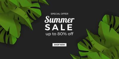 Summer sale offer promotion banner template with green botanical tropical leaves frame border with black background vector