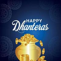 Happy dhanteras indian festival greeting card with gold coin pot and kalash vector