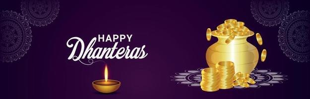 Happy dhanteras celebration banner with gold coin pot on pattern background vector