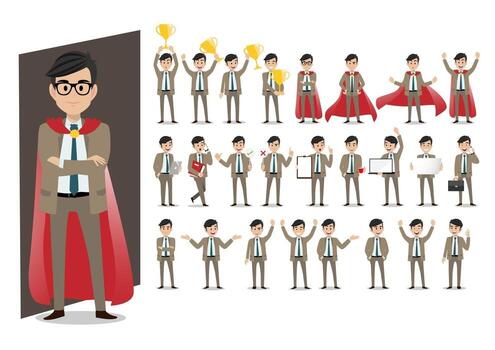 Set of cartoon characters of a businessman in a suit on a white background in various poses vector
