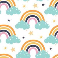 Colorful cute rainbow with clouds and stars on a white background Vector seamless pattern Decor for childrens posters postcards clothing and interior decoration