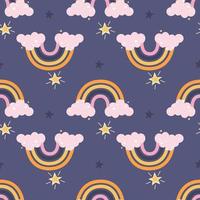 colorido lindo arco iris con nubes rosadas y estrellas sobre un fondo púrpura vector de patrones sin fisuras decoración para niños carteles postales ropa y decoración de interiores