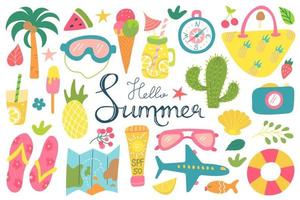 Summer beach set of elements with hand lettering on a white background Recreation tourism Vector images in a flat style