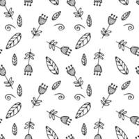 Seamless pattern with simple handdrawn floral elements Scandinavian style Vector illustration in black and white