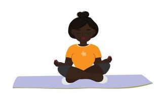 mujeres jóvenes haciendo yoga en casa fitness feliz hermosa niña africana americana negra con sobrepeso en meditación y equilibrio postura ilustración aislada sobre fondo blanco amo mi cuerpo vector