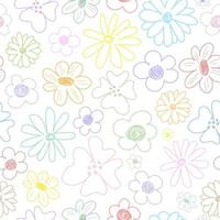 Cute white pattern with line multicolored flowers Seamless background Textiles for children Minimalism paper scrapbook for kids vector