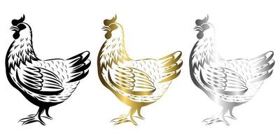 Ilustración de arte de línea vectorial logotipo de un pollo que está de pie hay tres colores negro dorado plateado vector