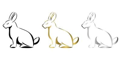 Ilustración de arte de línea vectorial de un conejo está sentado allí arte tricolor negro dorado y plateado vector