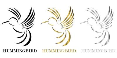 three color black gold silver line art Vector illustration on a white background of flying hummingbirds Suitable for making logos