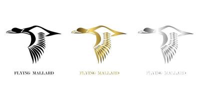 Line art vector logo of mallard that is flying three color black gold silver