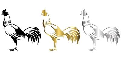 Ilustración de arte de línea vectorial logotipo de un gallo que está de pie hay tres colores negro dorado plateado vector