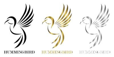 Ilustración de vector de arte de línea de plata oro negro de tres colores sobre un fondo blanco de colibríes voladores adecuados para hacer logotipos