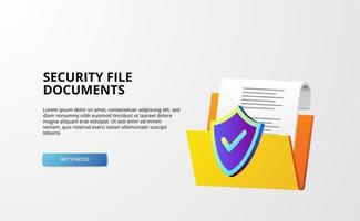 La protección de escudo 3d con carpeta abierta contiene un documento de archivo para seguridad, privacidad, información de datos comerciales, antivirus con fondo blanco vector