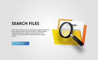 3d open folder contain file document with magnifying glass for auditing and analysis investigating and business with white background vector